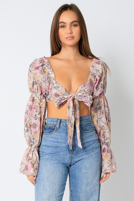 Puff Sleeve Floral Tie Top