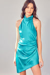 Teal Asymmetrical Mock Neck Mini Dress