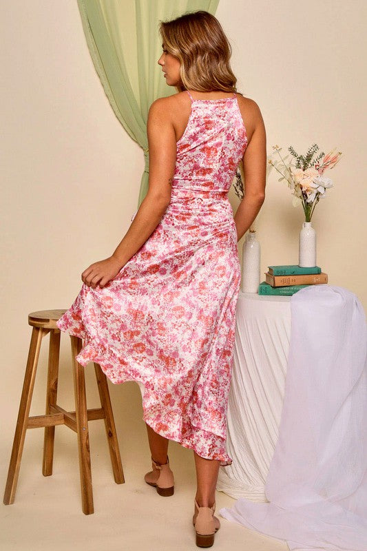 Pink Floral Ruffle Midi Dress