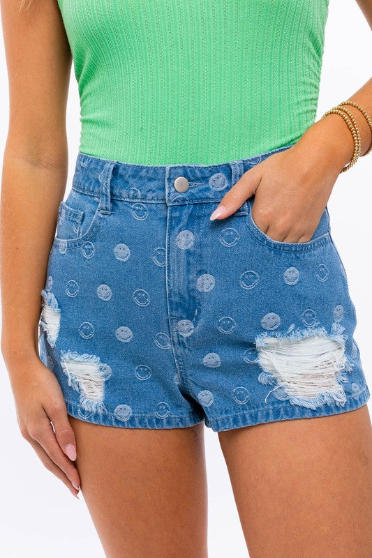 Smiley Face Print Denim Shorts