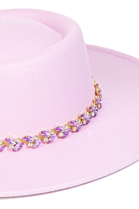 Purple Rhinestone Wide Brim Panama Hat