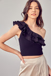 Black Ribbed One Shoulder Ruffle Top