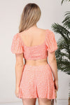 Coral Floral Puff Sleeve Crop Top