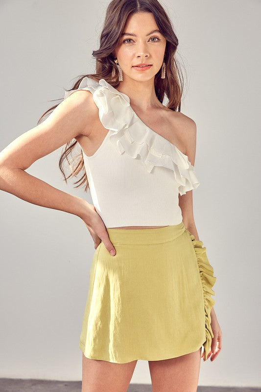 White Ribbed One Shoulder Ruffle Top
