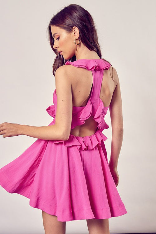 Hot Pink Cutout Ruffle Tie Dress