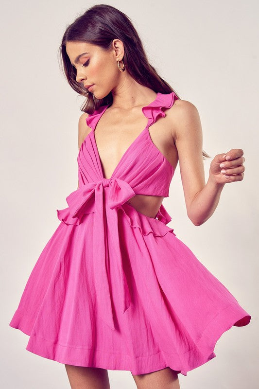 Hot Pink Cutout Ruffle Tie Dress