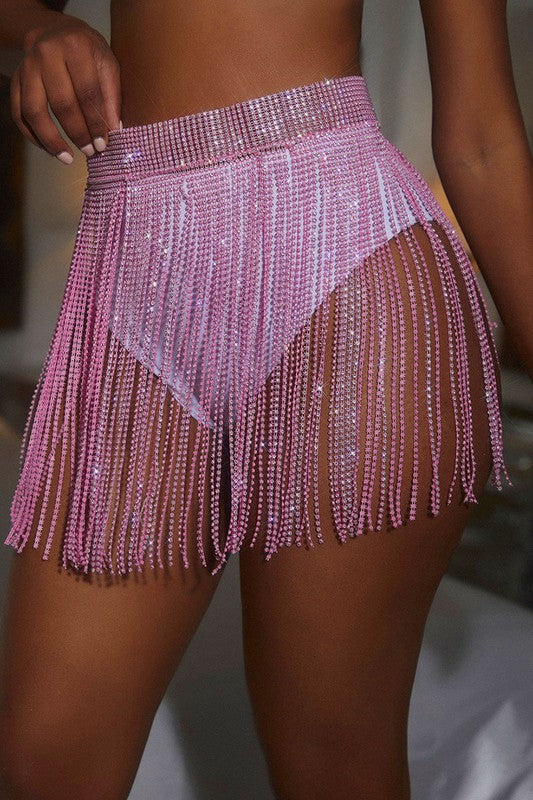 Pink Rhinestone Fringe Belt Skirt