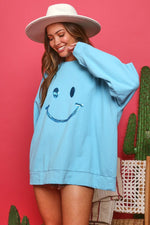 Aqua Blue Sequin Smiley Face Pullover Sweatshirt