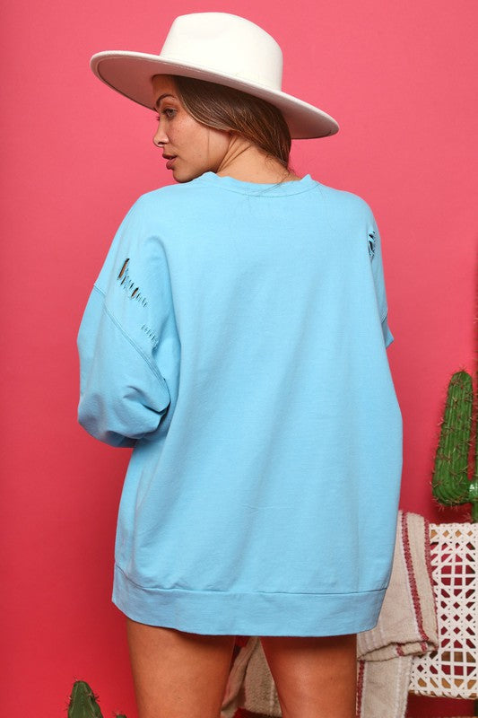 Aqua Blue Sequin Smiley Face Pullover Sweatshirt