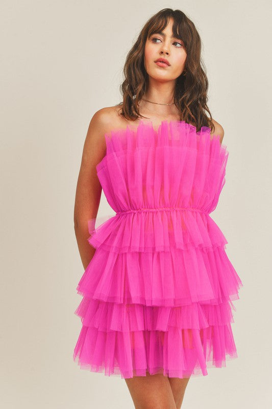 Hot Pink Tulle Ruffle Mini Dress
