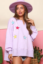 Purple Sequin Star Patches Pullover Sweatshirt