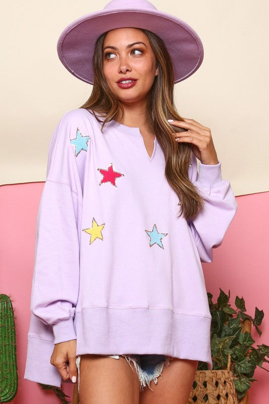 Purple Sequin Star Patches Pullover Sweatshirt