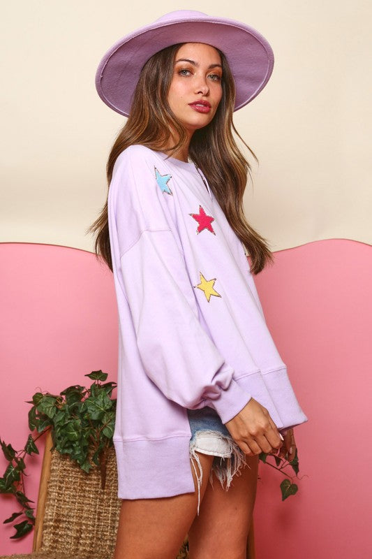 Purple Sequin Star Patches Pullover Sweatshirt