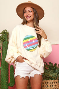 Rainbow Chenille Smiley Face Patch Pullover Sweatshirt
