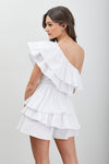 White One Shoulder Ruffle Romper Dress