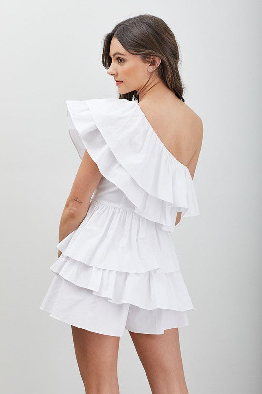 White One Shoulder Ruffle Romper Dress