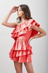Coral One Shoulder Ruffle Romper Dress