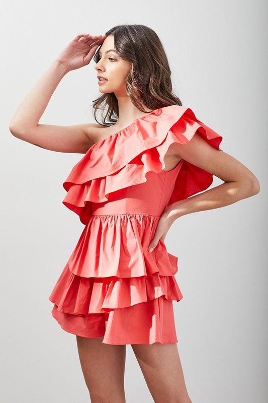 Coral One Shoulder Ruffle Romper Dress