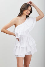 White One Shoulder Ruffle Romper Dress