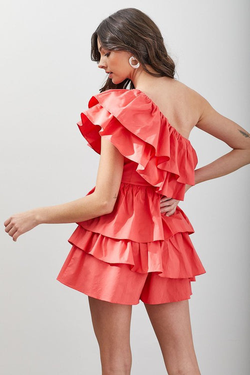 Coral One Shoulder Ruffle Romper Dress