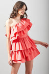 Coral One Shoulder Ruffle Romper Dress