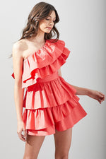 Coral One Shoulder Ruffle Romper Dress