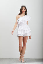 White One Shoulder Ruffle Romper Dress