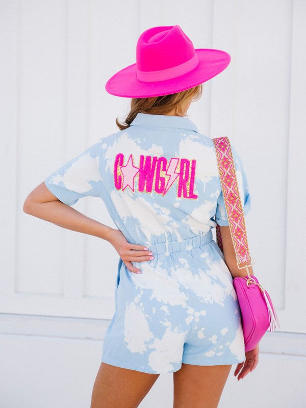 Pink Cowgirl Chenille Patch Bleached Romper