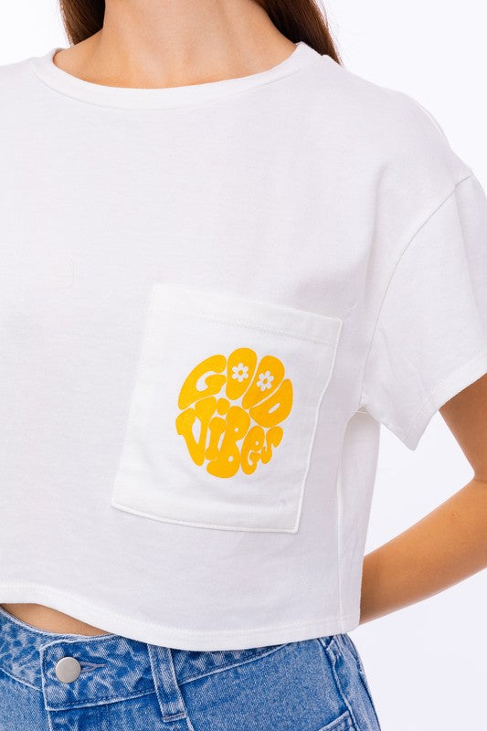 Cropped Good Vibes Pocket Graphic Tee
