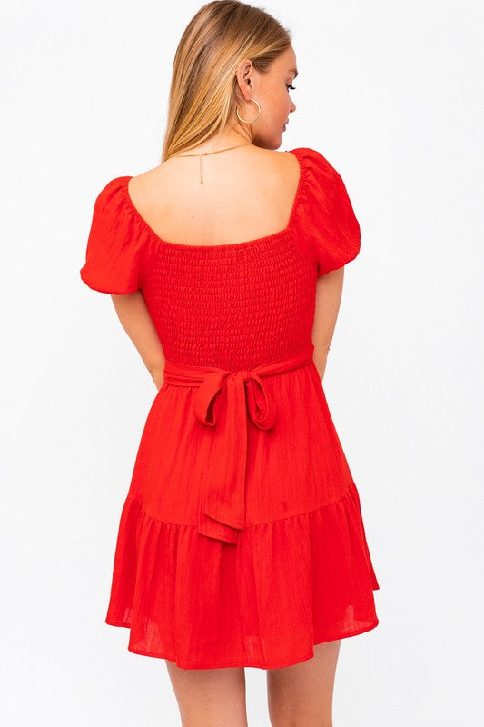 Red Short Sleeve Front Wrap Mini Dress
