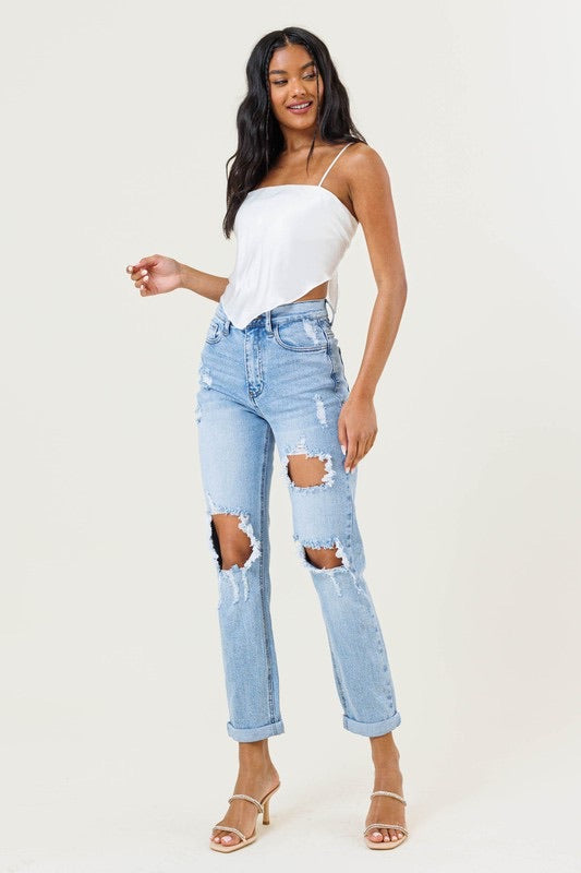 Light Wash Distressed Cuffed Hem Jeans