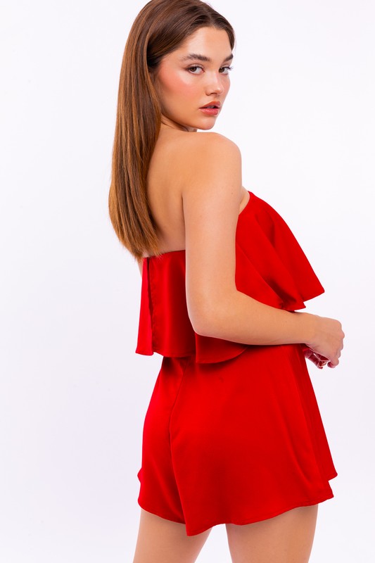 Red Satin Tiered Ruffle Romper