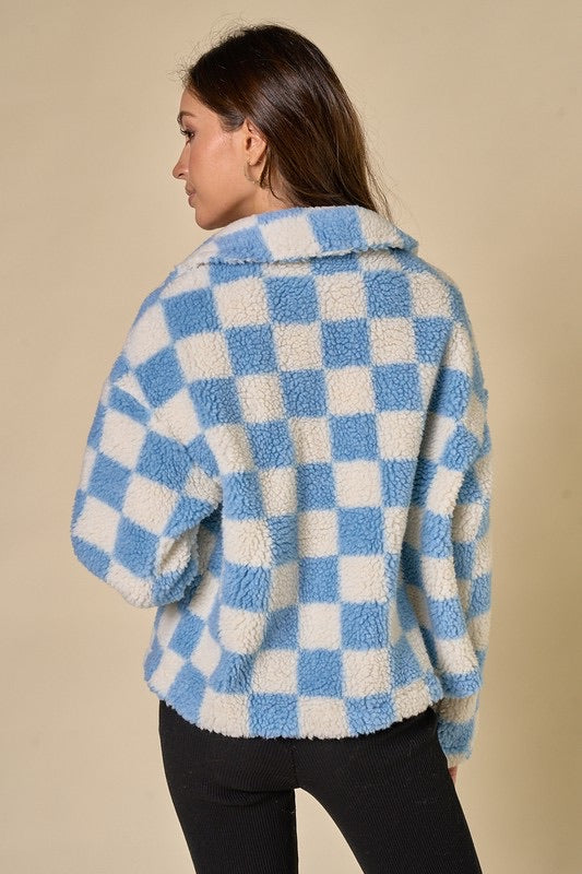 Blue Checkered Print Fur Jacket