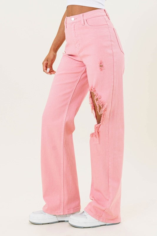 Pink Distressed Wide Leg Jeans