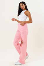 Pink Distressed Wide Leg Jeans