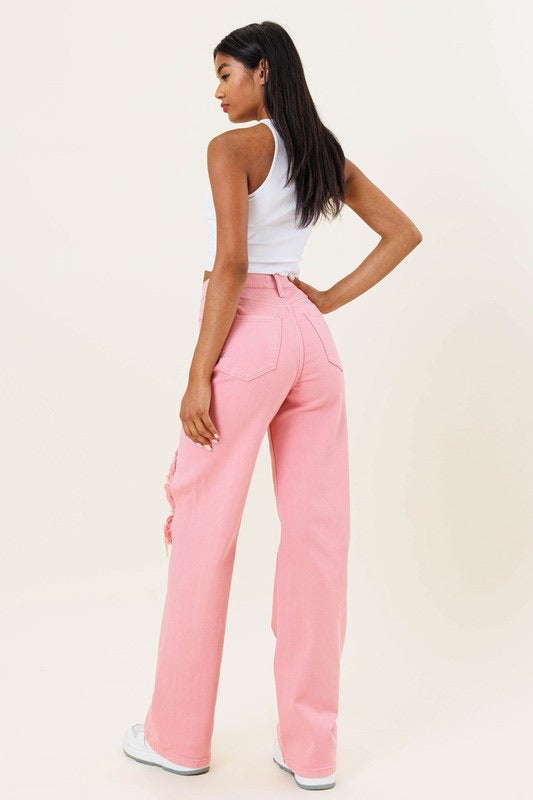 Pink Distressed Wide Leg Jeans