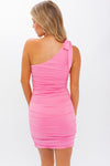 Pink Ruched Shoulder Tie Dress