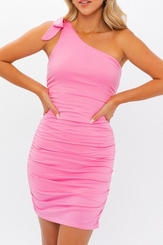 Pink Ruched Shoulder Tie Dress