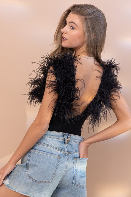 Black Feather Plunge Neck Bodysuit