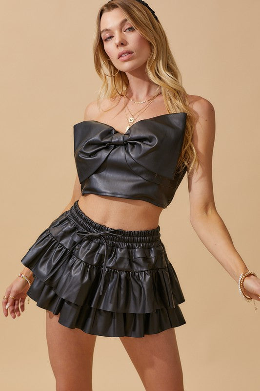 Black Faux Leather Bow Tie Top