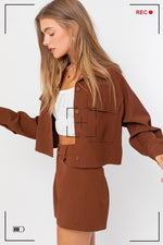 Brown Waffle Knit Oversized Cropped Jacket