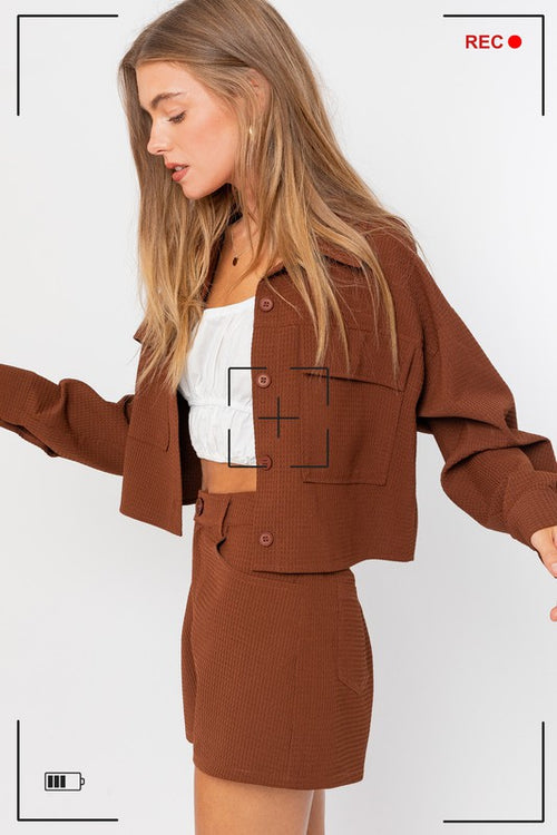 Brown Waffle Knit High Waisted Shorts