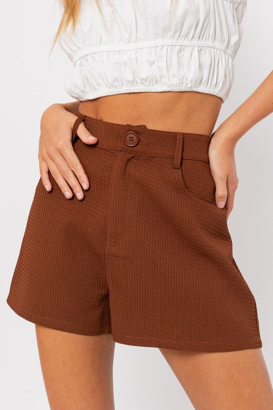 Brown Waffle Knit High Waisted Shorts