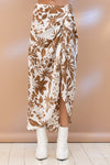 Brown Floral Ruched Midi Skirt