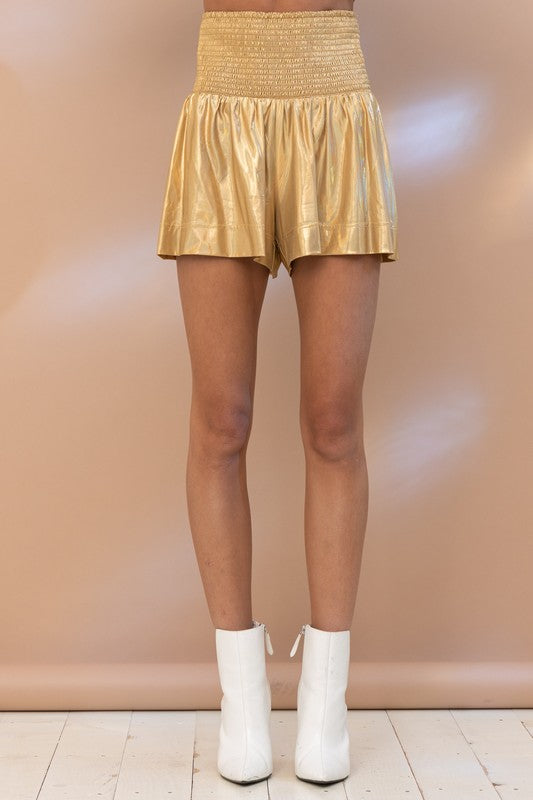 Gold Metallic Smocked Shorts