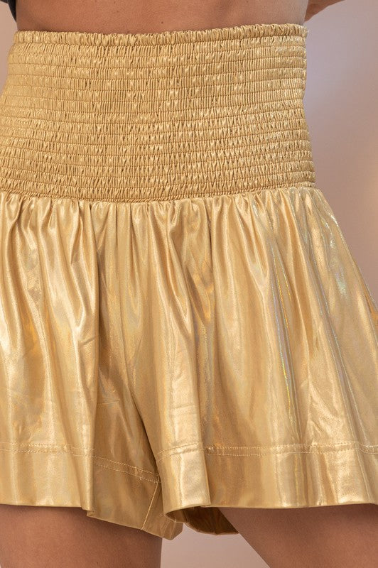 Gold Metallic Smocked Shorts