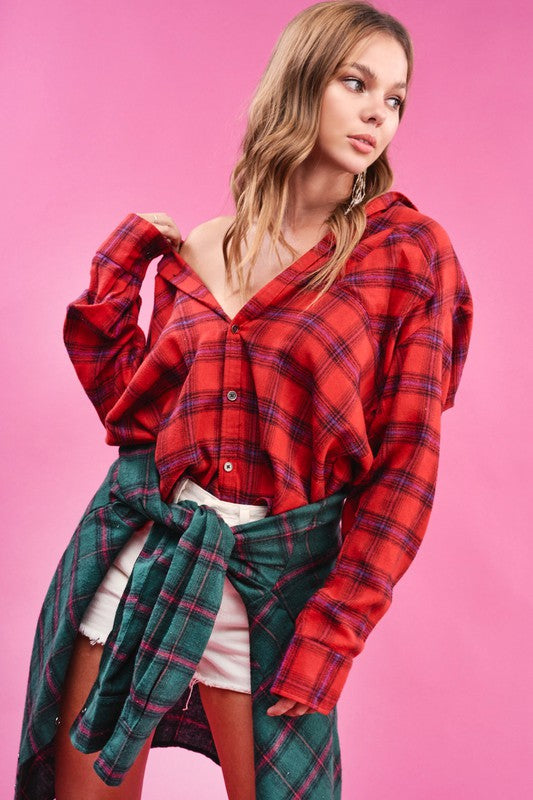 Red Raw Hem Plaid Flannel