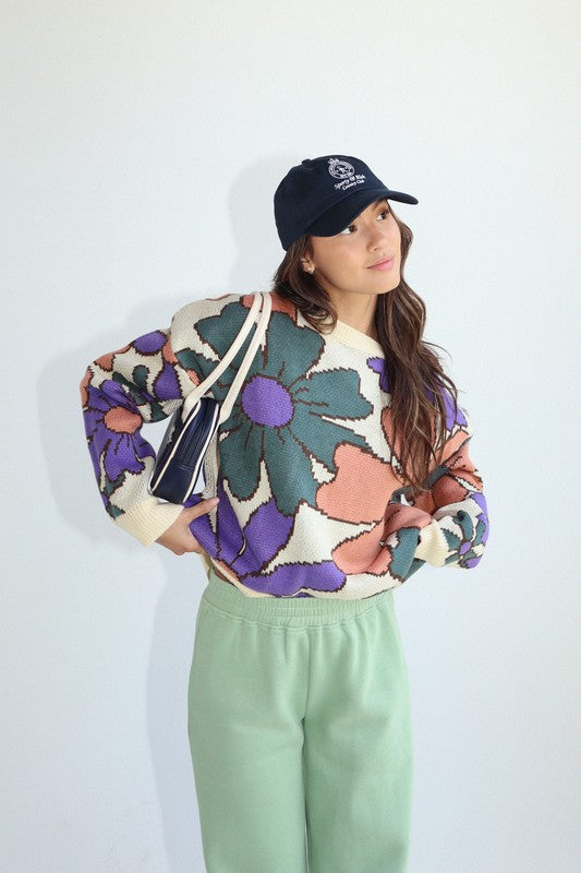 Taupe Floral Pattern Knit Sweater