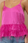Satin Hot Pink Feather Trim Tank Top