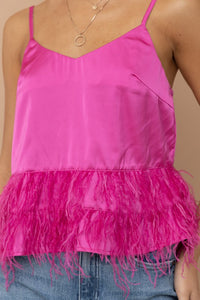 Satin Hot Pink Feather Trim Tank Top